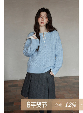 夕蒙2025新款冬季韩系复古麻花小个子慵懒松弛感蓝色亨利领毛衣女