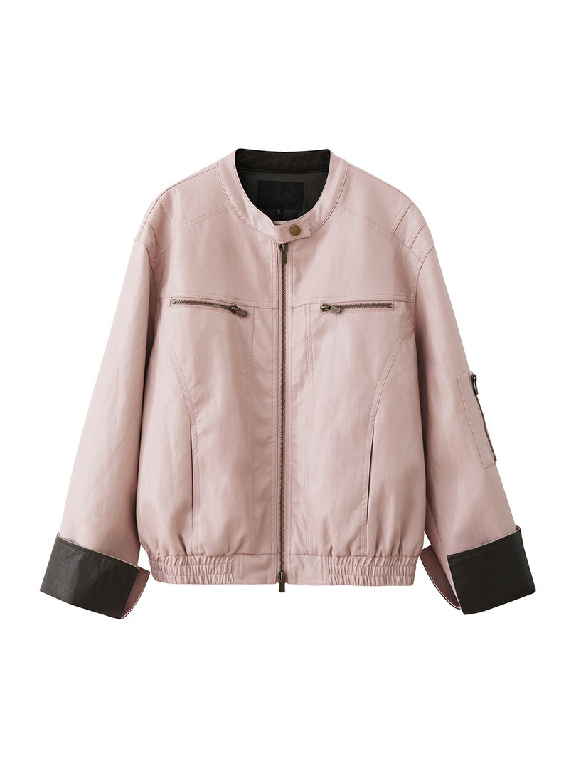 Pink zip-up jacket with black cuffs and collar laid flat on a white background