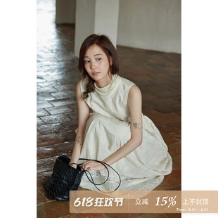 夕蒙2026新款夏季韩系气质好看裙子长款绣花立领绑带无袖连衣裙女