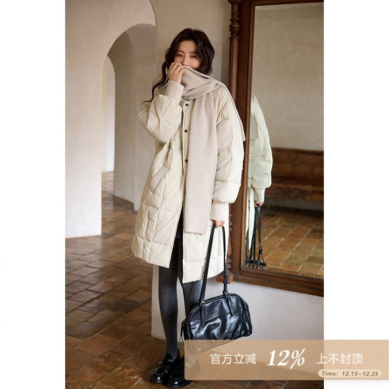 夕蒙2025新款冬季巨好看洋气小个子独特杏色长款保暖羽绒服厚外套