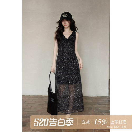 夕蒙2026新款夏季韩系雪纺裙子黑色v领长款碎花无袖背心连衣裙女