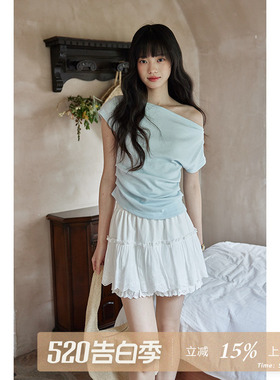 夕蒙2026新款夏韩系上衣小众设计感减龄独特气质蓝色斜肩短袖t恤