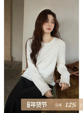 夕蒙2025新款秋韩系气质上衣小个子小众蕾丝拼接白色圆领长袖t恤