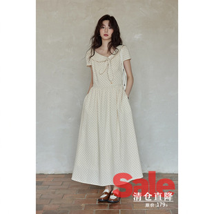 连衣裙 夏韩系气质裙子小个子小众独特蝴蝶结波点短袖 清仓秒杀