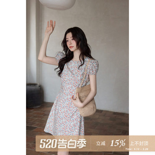夕蒙2026新款夏季韩系绝美裙子复古收腰碎花裙圆领短袖a字连衣裙