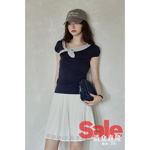 【清仓秒杀】夏韩系修身显瘦上衣小个子蝴蝶结短款藏蓝短袖t恤女