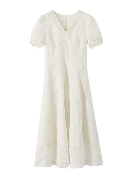 White short-sleeve lace-trim midi dress on a white background