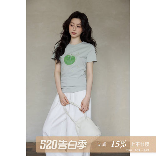 夕蒙2026新款夏季韩系好看上衣休闲百搭通勤绿色圆领正肩短袖t恤