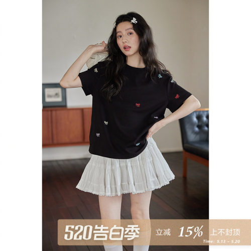 夕蒙2026新款夏小个子设计感小众短袖宽松休闲黑色气质t恤上衣女