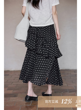 夕蒙2026新款夏季韩系高级好看气质裙子荷叶边黑色直筒波点半身裙