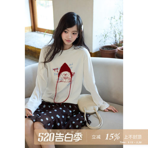 夕蒙2026新款春季韩系气质上衣小个子绝美小众白色小狗长袖t恤女