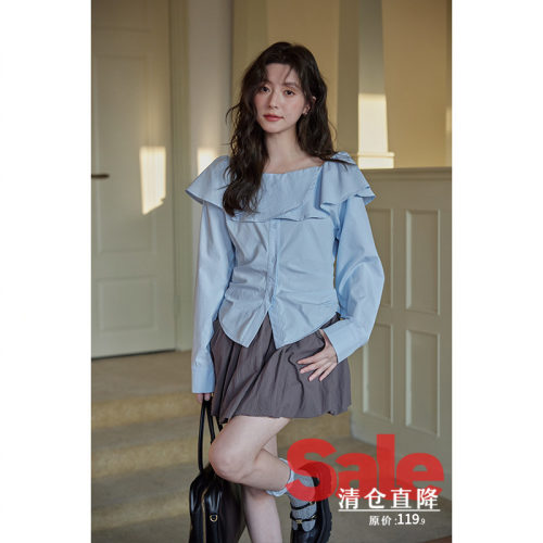 【反季清仓】法式气质独特绝美上衣小个子设计感小众一字肩衬衫