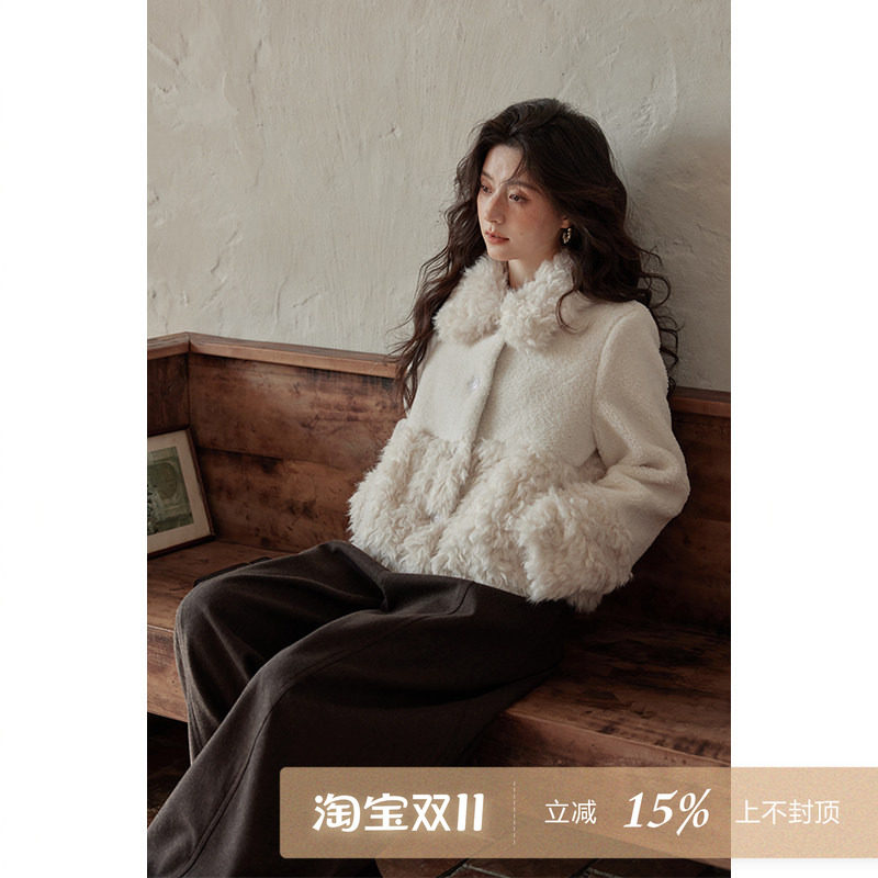 夕蒙2026新款秋冬羊羔毛外套加厚保暖设计感拼接毛领白色短款上衣