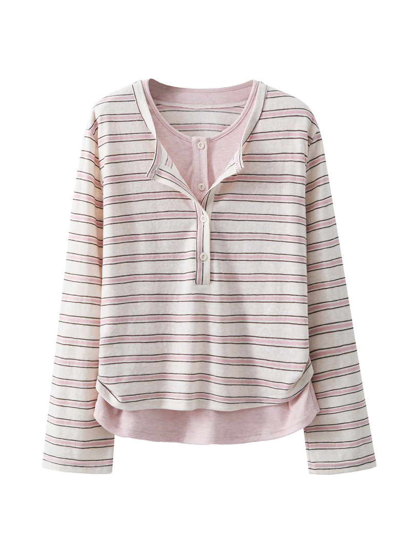Striped long-sleeve henley layered top in pink and cream