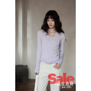 设计感绝美假两件紫色针织衫 韩系气质上衣修身 春季 女 清仓秒杀