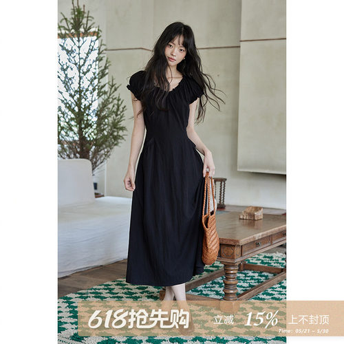 夕蒙2026新款夏韩系气质裙子小个子高级小众黑色收腰显瘦连衣裙女
