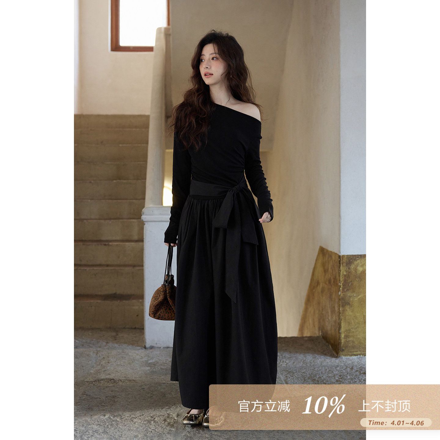 夕蒙2026新款春季韩系气质小众裙子独特斜肩巨好看绝美黑色连衣裙