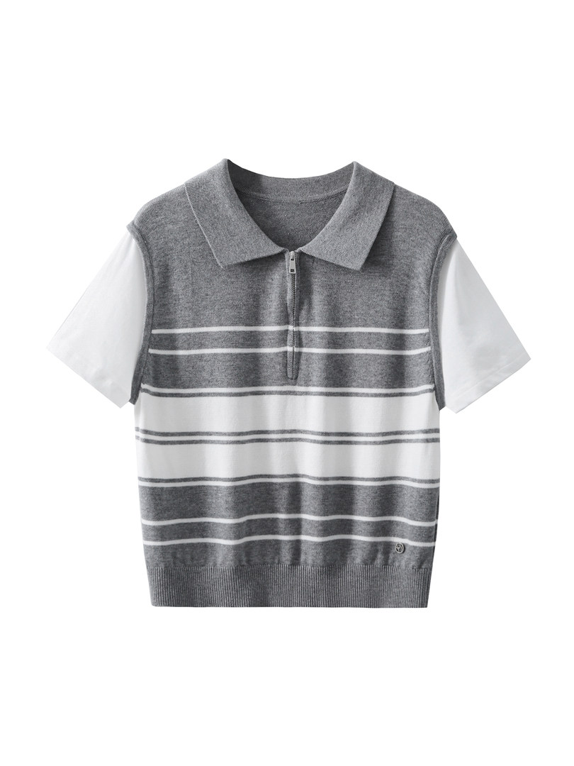 Gray and white striped short-sleeve collared knit polo shirt