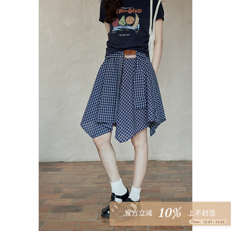夕蒙2025新款夏韩系不规则裙子高腰气质小众设计感藏蓝格纹半身裙