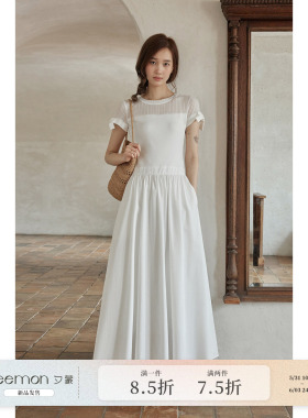 【夕蒙新品】夏季韩系好看奶乖裙子收腰白色拼接a字短袖连衣裙女