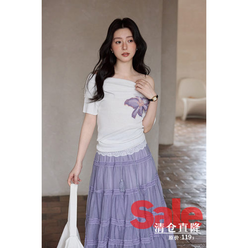 【清仓秒杀】春夏韩系气质独特上衣白色一字肩针织衫修身斜肩短袖