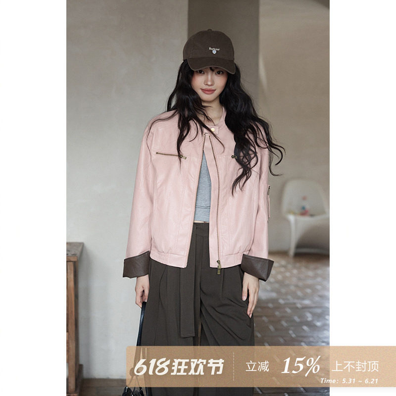 夕蒙2026新款春韩系气质上衣流行高级感酷炫风小个子粉色皮衣外套