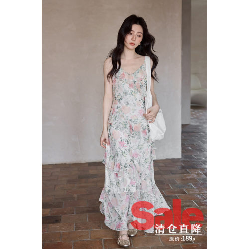 【夏末清仓】夏季韩系裙子海边荷叶边粉绿色碎花长款吊带连衣裙女