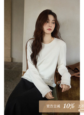 夕蒙2025新款秋韩系气质上衣小个子小众蕾丝拼接白色圆领长袖t恤