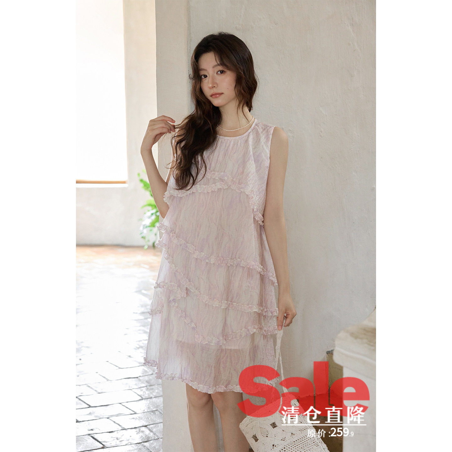 【夏末清仓】夏季韩系层次感裙子海边穿搭短款紫色花边无袖连衣裙图片