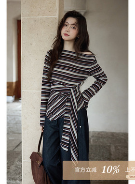 夕蒙2025新款秋韩系气质上衣小个子设计感斜肩洋气彩色条纹t恤女