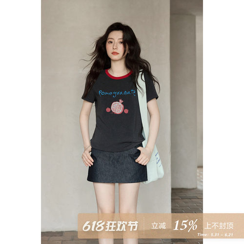 夕蒙2026新款夏季韩系独特好看上衣撞色印花圆领修身正肩短袖t恤