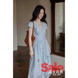 法式 夏泡泡袖 茶歇气质温柔风蓝色小个子v领连衣裙女 清仓秒杀