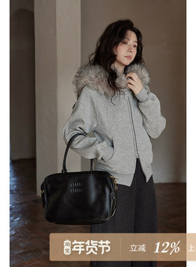 夕蒙2025新款冬季韩系时尚洋气小个子独特流行毛领灰色卫衣外套女