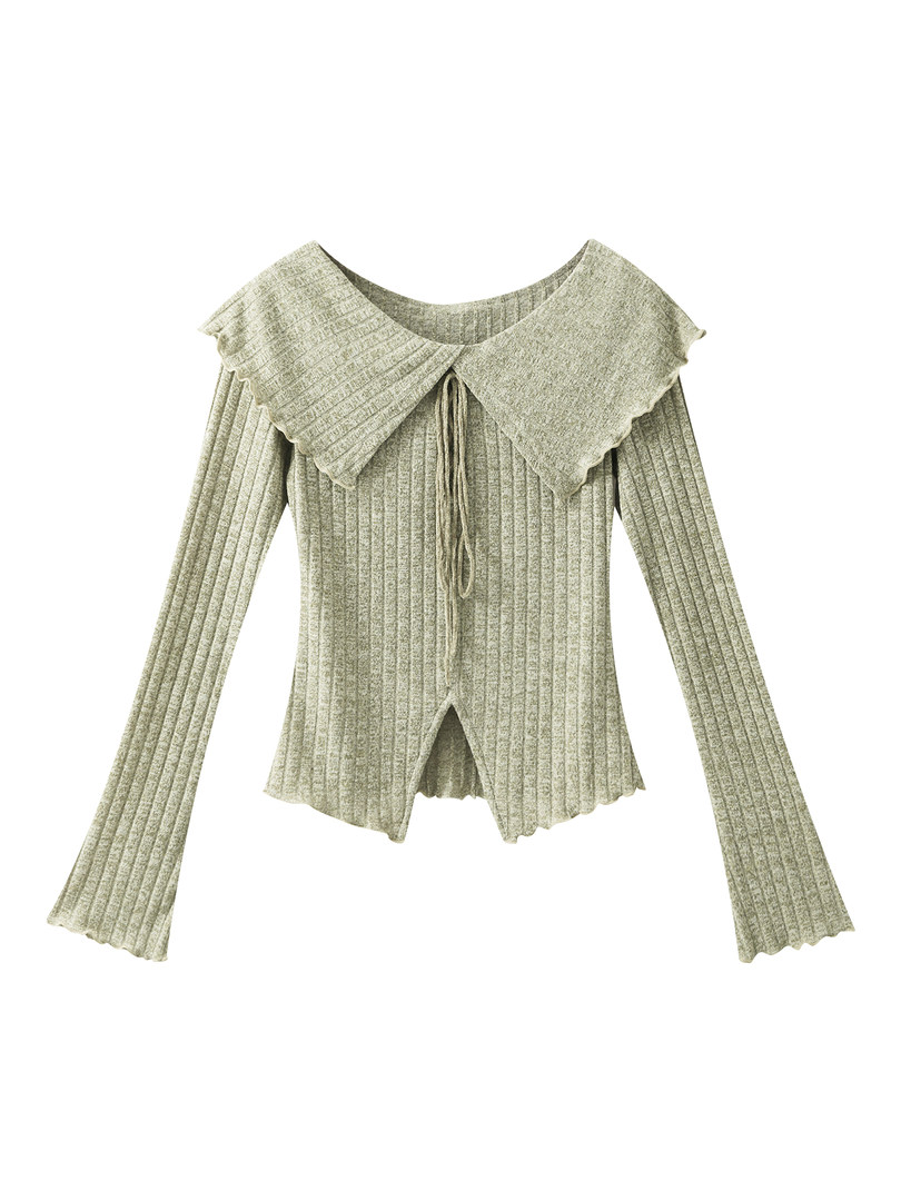 Ribbed knit long-sleeve top with oversized collar laid flat on white background