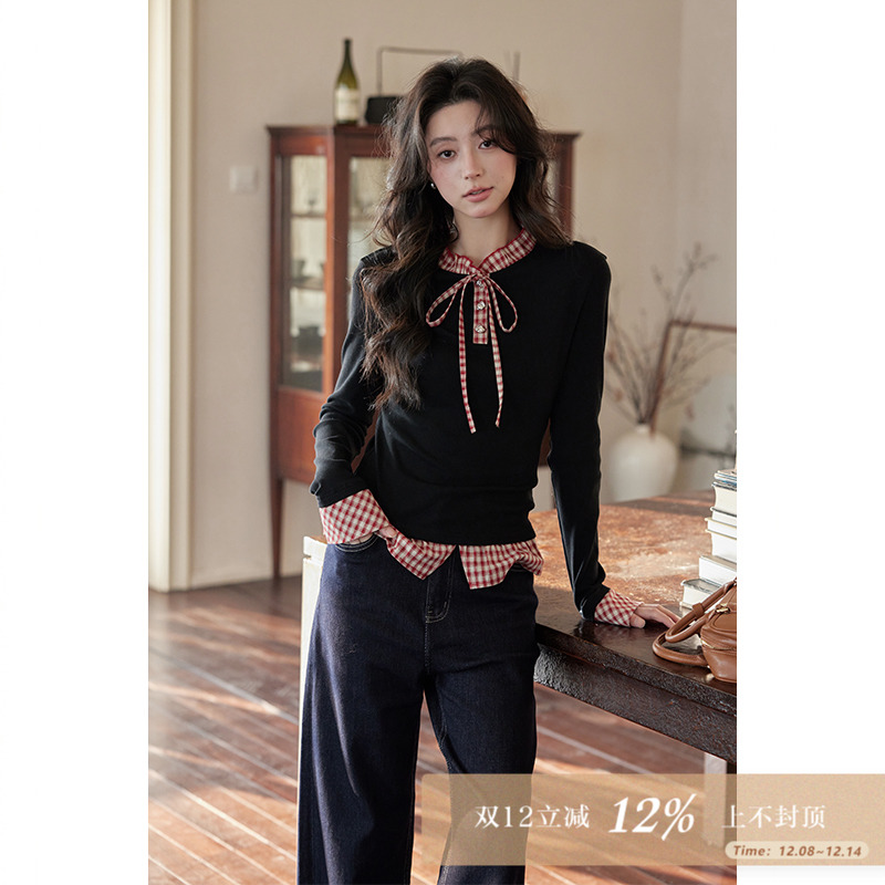 夕蒙2025新款秋格纹系带假两件上衣时尚小众设计感黑色长袖t恤女