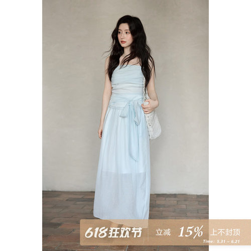 夕蒙2026新款夏季韩系气质高级套装蓝色抹胸背心直筒半身裙两件套