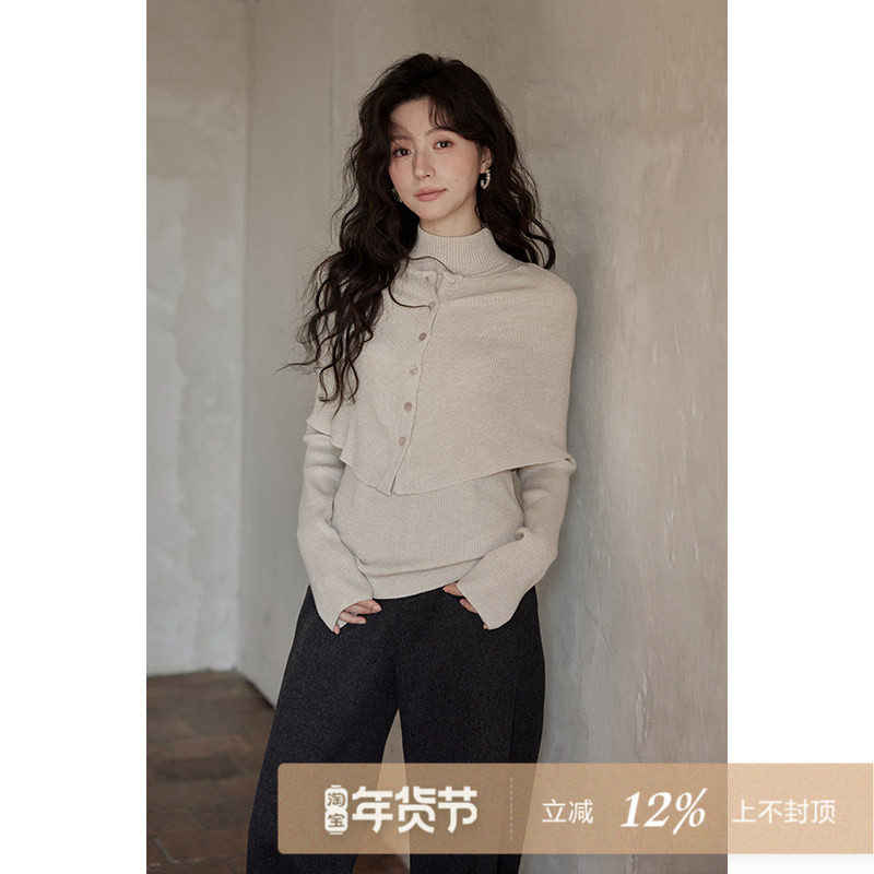 夕蒙2025新款冬季韩系巨好看针织衫设计感小个子毛衣披肩两件套女