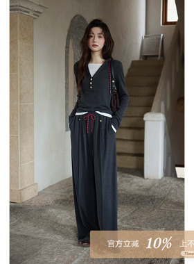 夕蒙2025新款秋韩系气质小个子假两件小众独特深灰色上衣裤子套装