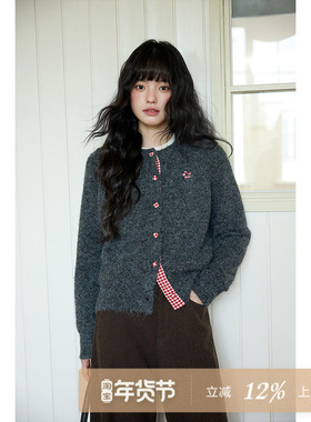 夕蒙2025新款冬季韩系独特气质针织衫小个子加厚外穿深色毛衣开衫