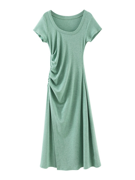 Model wearing a mint green short-sleeve maxi dress
