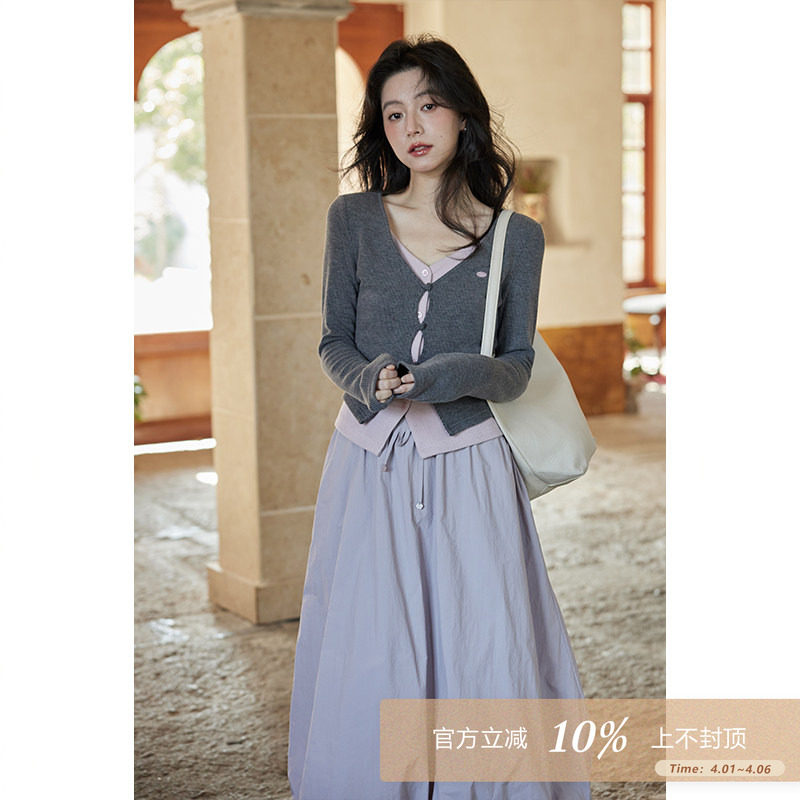 夕蒙2026新款春秋韩系小个子小众独特别致时尚洋气短款假两件t恤