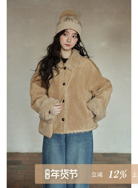 夕蒙2025新款冬季巨好看小个子独特流行小众羊羔毛卡其翻领厚外套