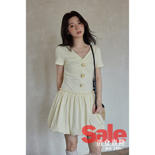 【清仓秒杀】夏韩系气质裙子设计感小众小个子独特黄色短袖连衣裙