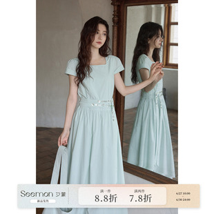 【夕蒙新品】夏季韩系温柔大方裙子收腰显瘦长裙薄荷绿方领连衣裙