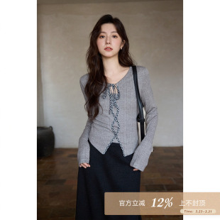 灰色系带长袖 上衣流行小众修身 t恤 春小众别致不撞款 夕蒙2026新款