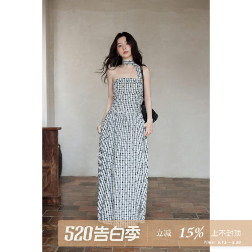 夕蒙2026新款夏季韩系甜辣裙子绑带收腰抹胸长裙露肩格纹连衣裙女