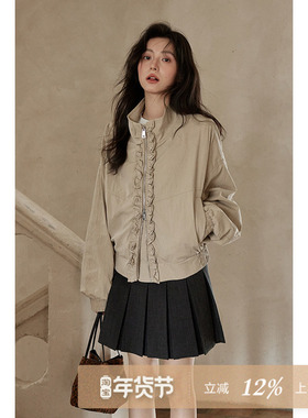 夕蒙2025新款秋季韩系慵懒时尚小众高级气质小个子拉链卡其色外套