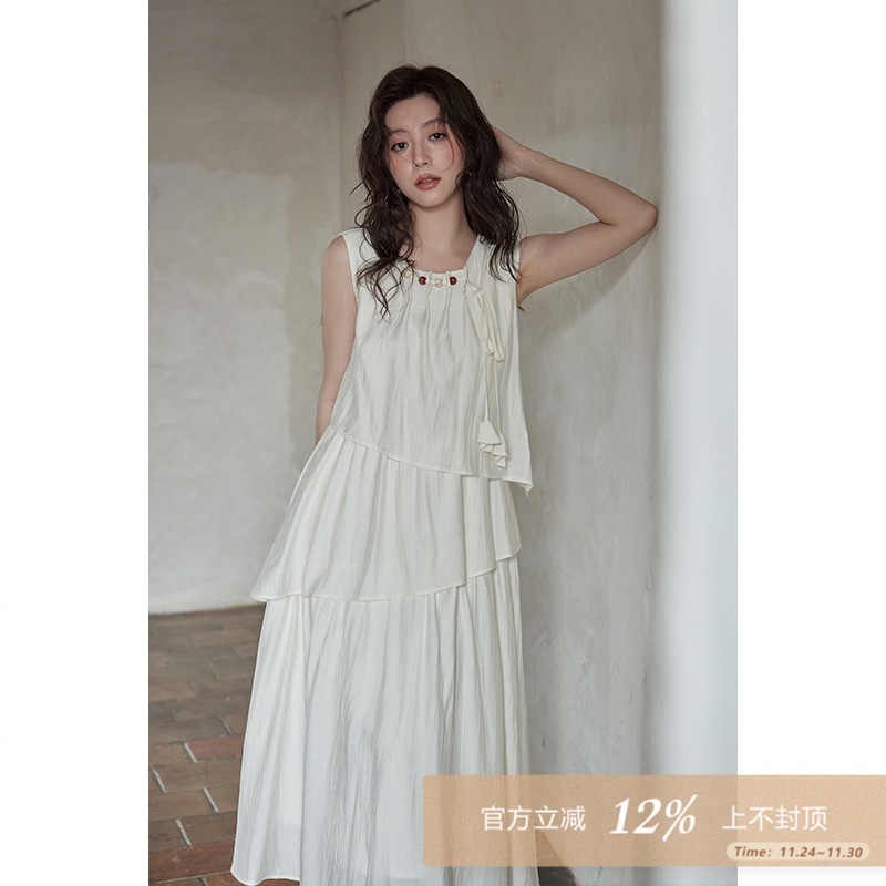 夕蒙2025新款夏气质裙子法式小个子无袖设计感小众不规则连衣裙女