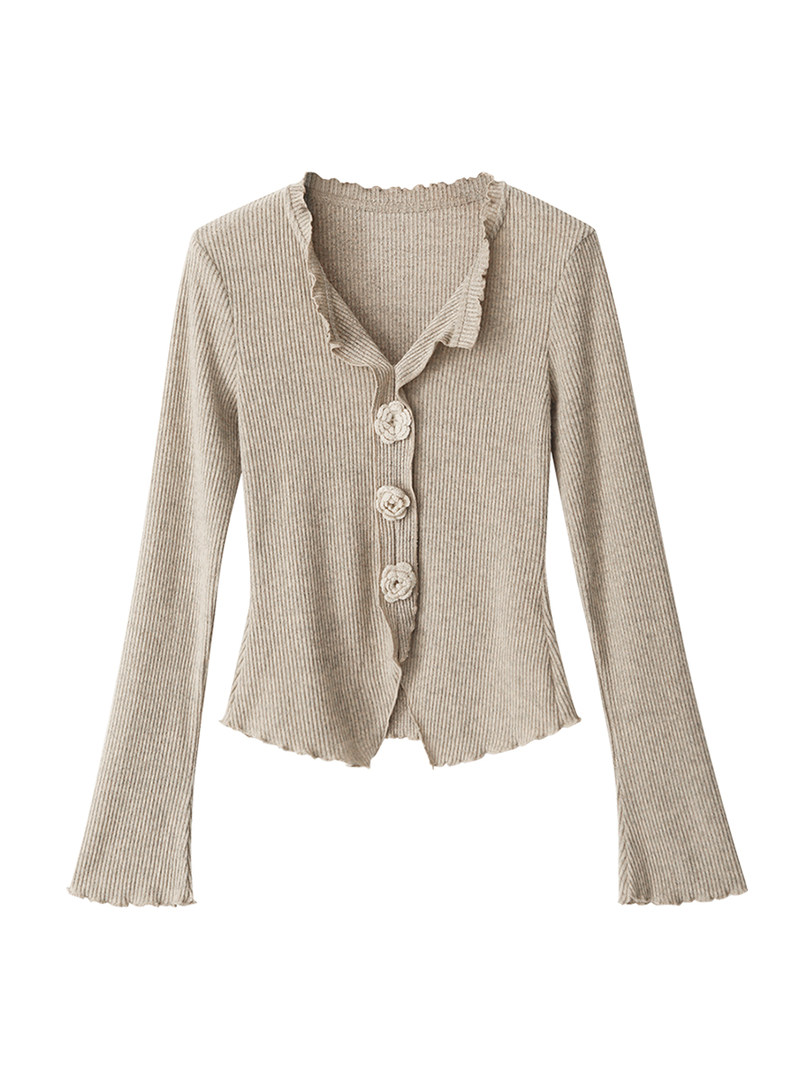 Beige ribbed long-sleeve cardigan top with flower buttons
