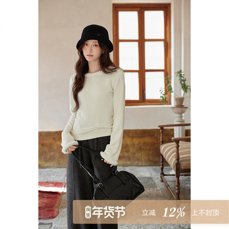 夕蒙2025新款冬季韩系气质可外穿毛边打底衫上衣设计感长袖t恤女
